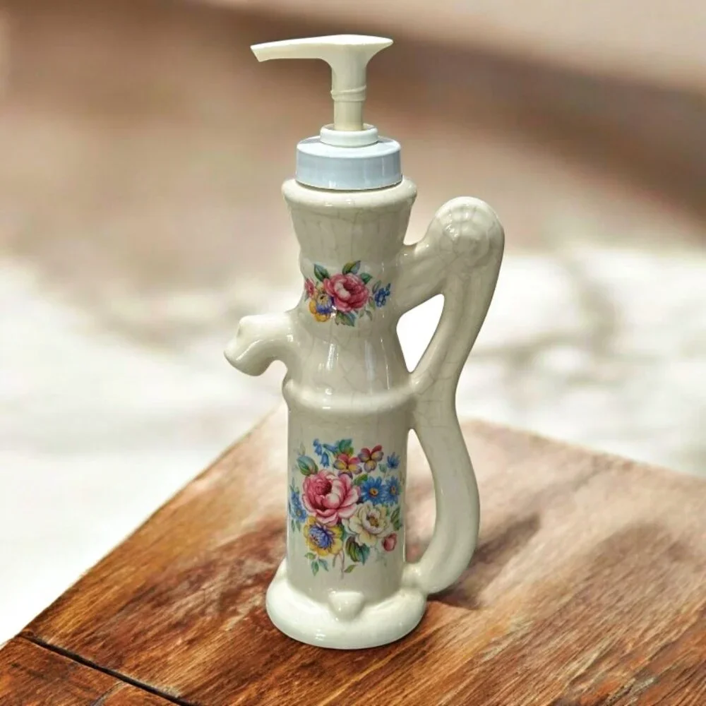 Vintage Athena Pottery Rose Floral Design Soap Dispenser Bottle 8.5